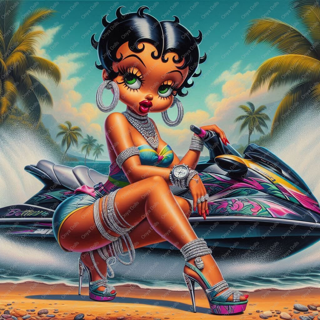 Black Betty Boop riding a Jet Ski, african american, afro boop, PNG