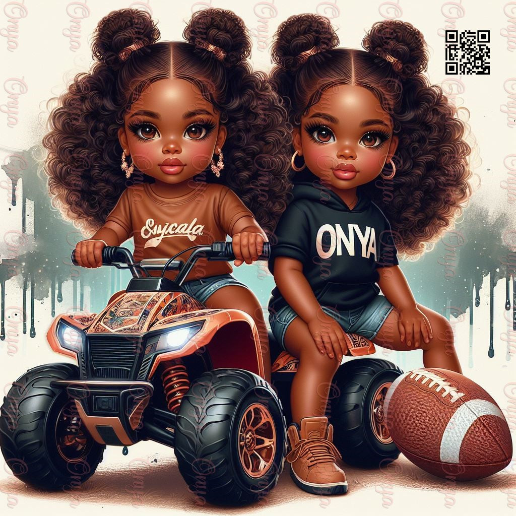 Onya twins riding tractor, Children, melanin, dolls, High quality png