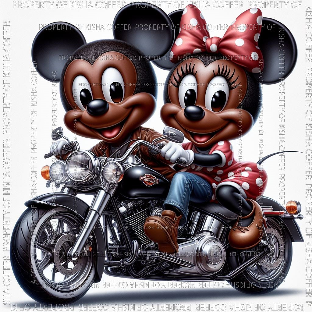 Mick and Mina mouse, motor cycle rider, woman, melanin, dolls, png