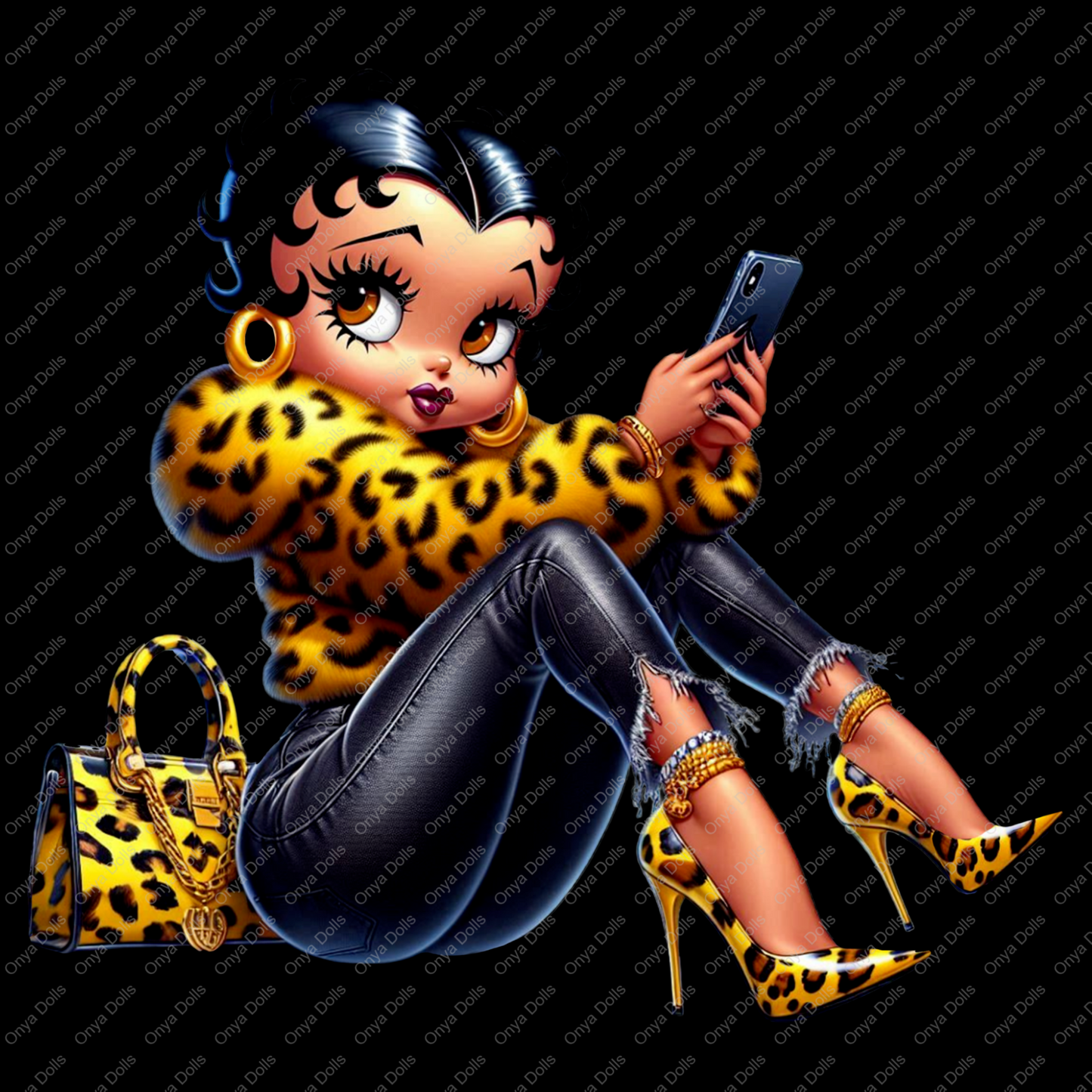 Betty Boop PNG, Yellow Leopard Jacket and matching purse