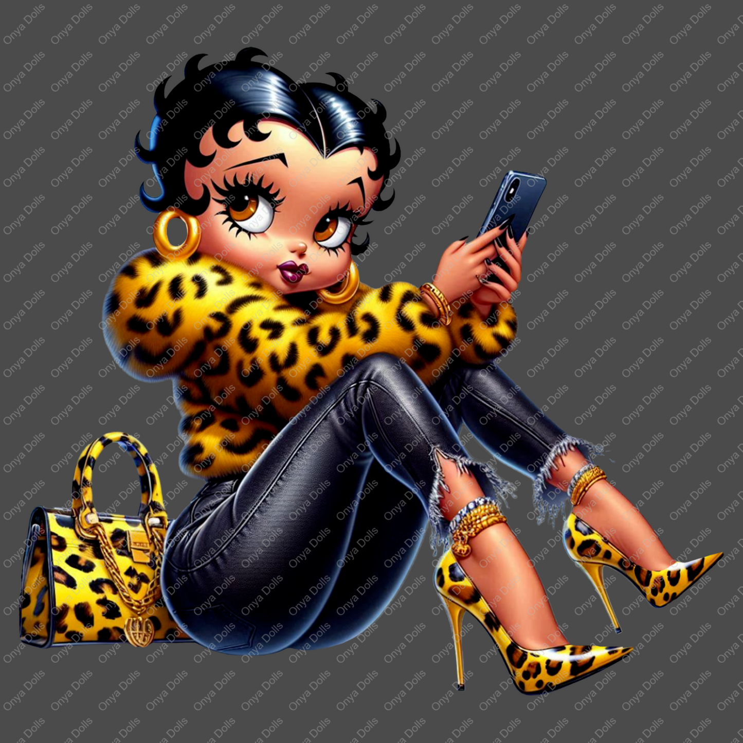 Betty Boop PNG, Yellow Leopard Jacket and matching purse