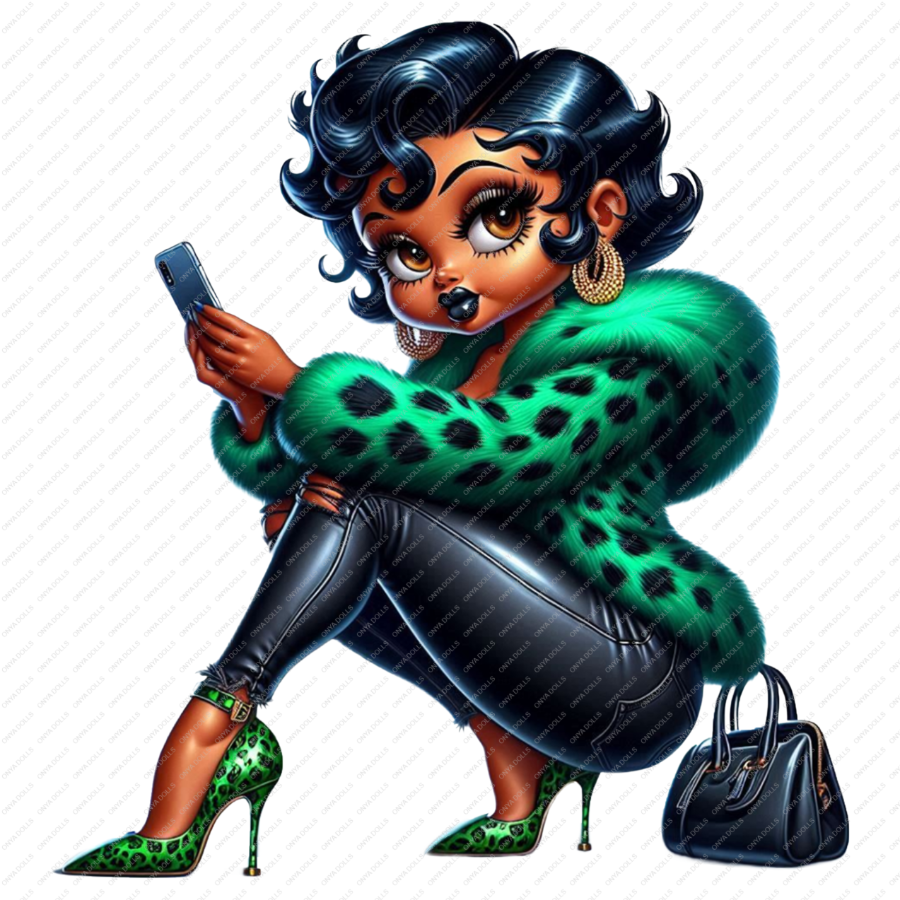 Betty Boop PNG, melanin woman, black woman, sitting on ground,