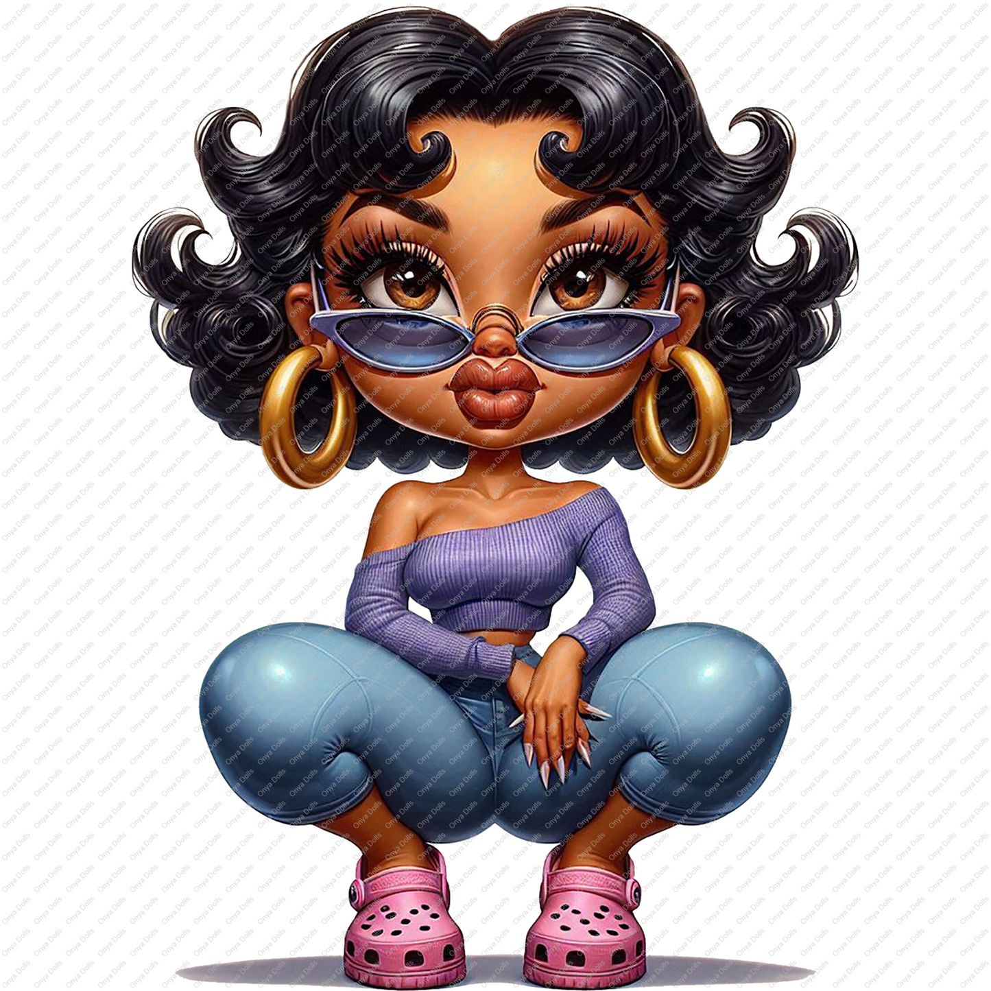 Betty Boop wearing a purple off-shoulder blouse, sunglasses, and jeans.