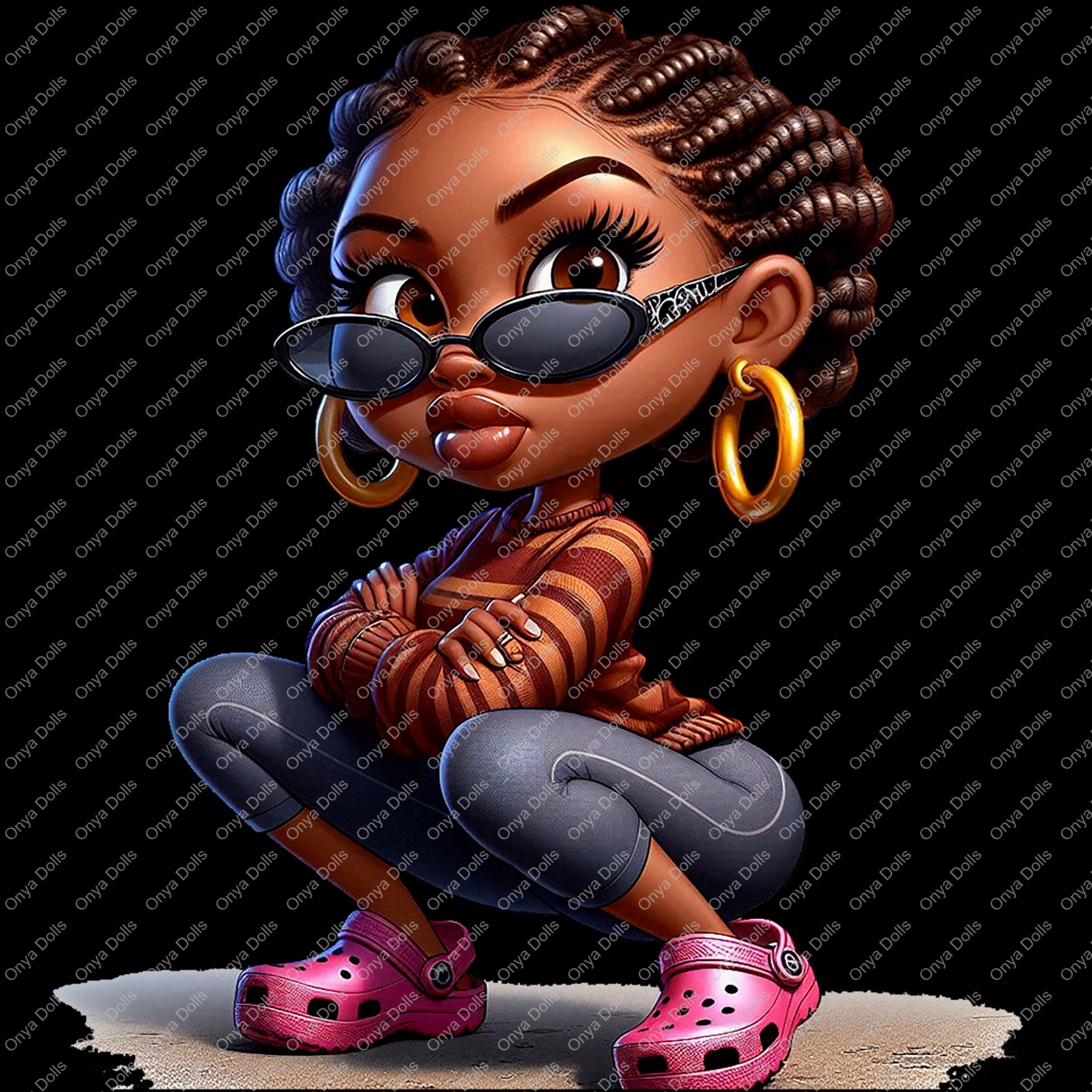 Onya Doll Cutie with braids and sporting crocs, PNG, sublimation