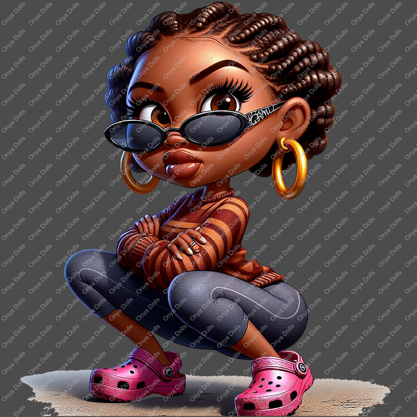 Onya Doll Cutie with braids and sporting crocs, PNG, sublimation