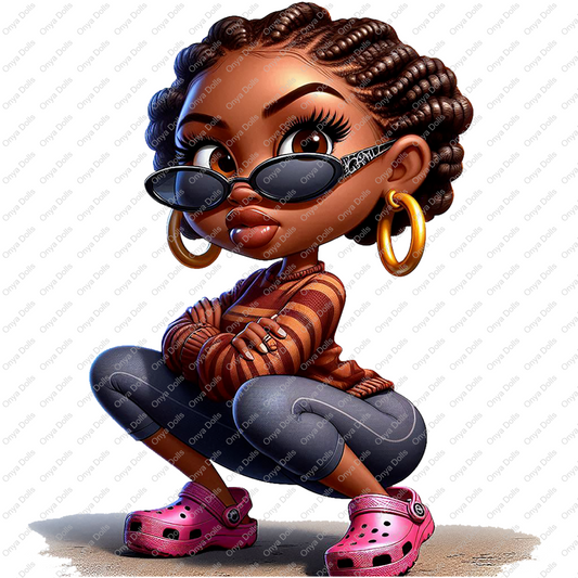 Onya Doll Cutie with braids and sporting crocs, PNG, sublimation