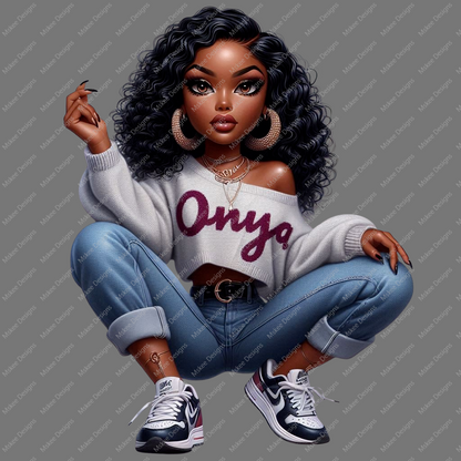 Onya Doll in grey off shoulder sweater, PNG, sublimation