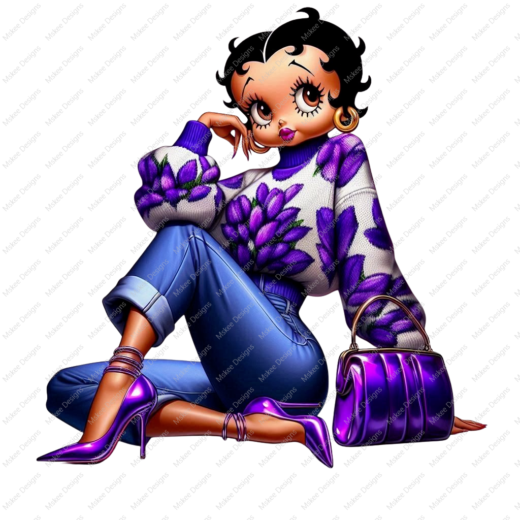 Betty Boop in purple sweater, purse and heels, PNG, afro Betty boop