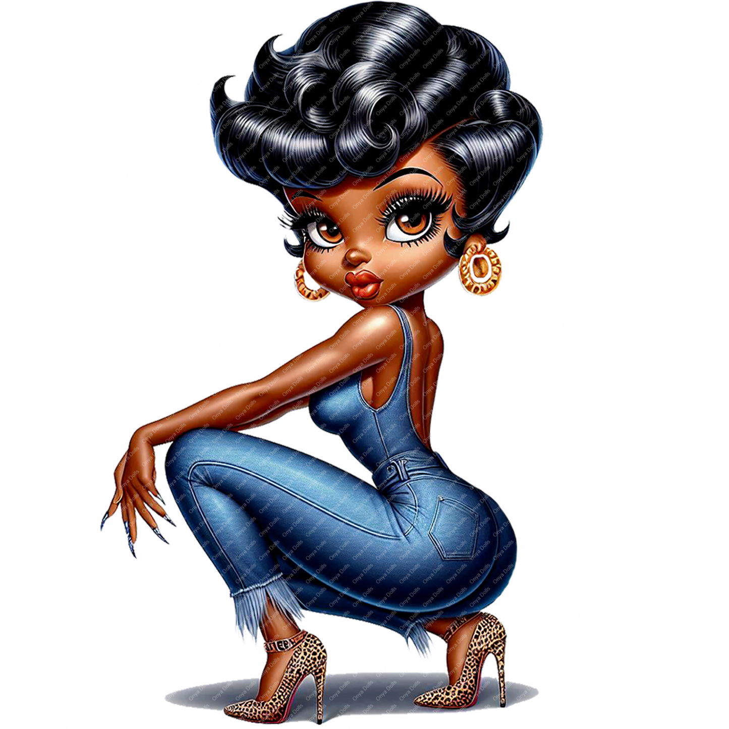 Betty Boop wearing a stylish jean jumper and heels, PNG file