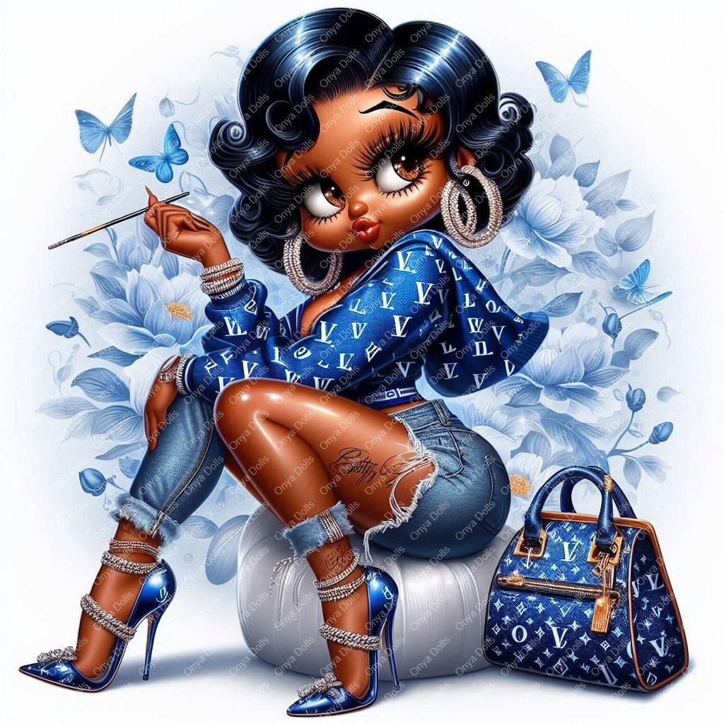 Betty Boop PNG, blue Hoodie and stressed jeans, afro Betty boop, print file