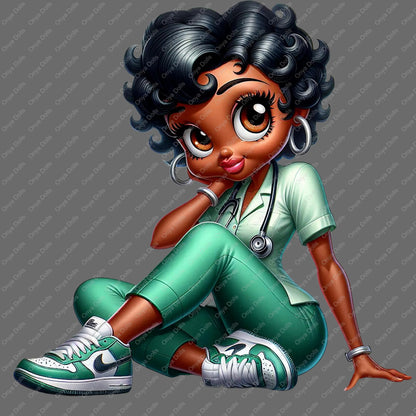 Nurse Betty Boop, medical, CNA, african american woman, melanin, afro boop, sublimation, High-quality png