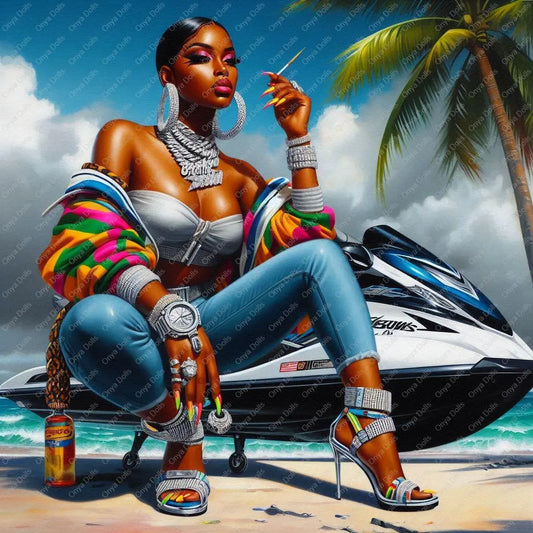 Onya with her Jet Ski classy, african american woman, tumbler wrap png, sublimation, High-resolution png