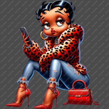 Betty Boop PNG, Leopard fur coat, on her phone, african american Betty boop, sublimation, High-quality png