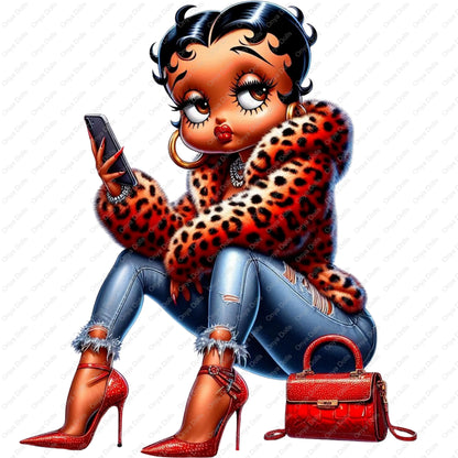 Betty Boop PNG, Leopard fur coat, on her phone, african american Betty boop, sublimation, High-quality png