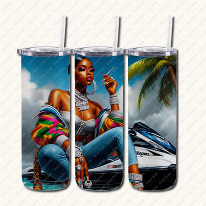 Onya with her Jet Ski classy, african american woman, tumbler wrap png, sublimation, High-resolution png