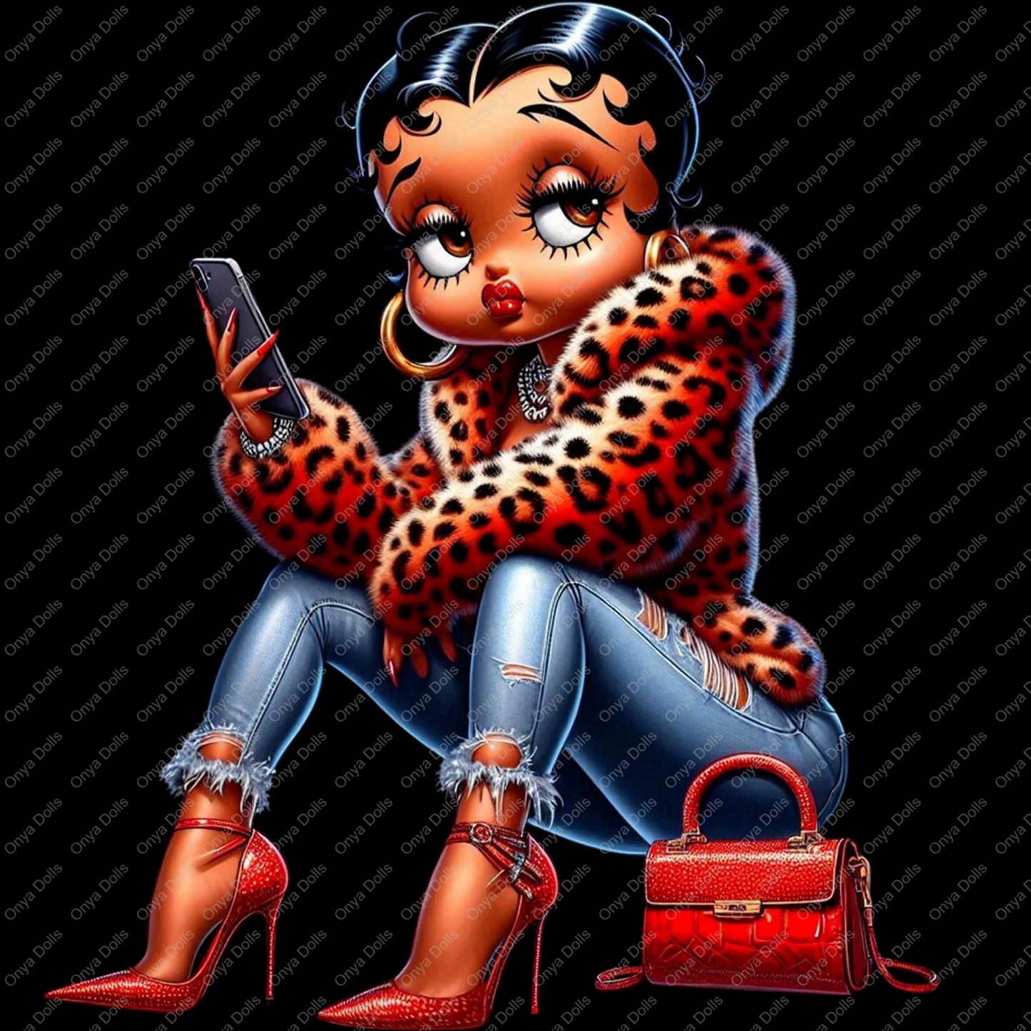 Betty Boop PNG, Leopard fur coat, on her phone, african american Betty boop, sublimation, High-quality png